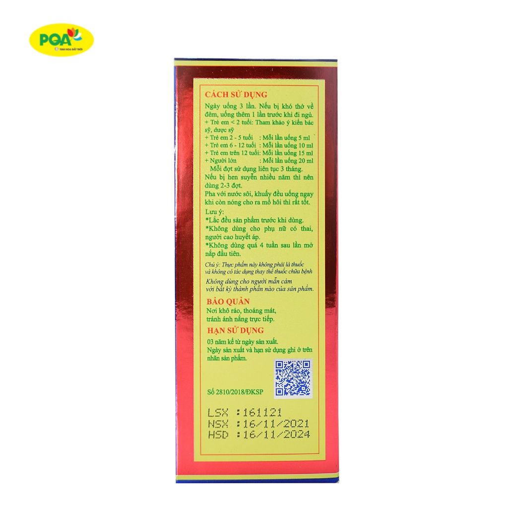 Siro Hen Suyễn PQA Giúp Giải Cảm Hàn, Hóa Thấp, Thông Phế, Bình Suyễn Và Hỗ Trợ Thông Thoáng Đường Thở Hộp 125ml