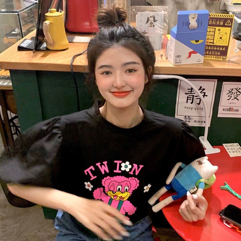 Áo thun tay ngắn phồng dáng rộng in họa tiết hoạt hình dễ thương phong cách retro thời trang mùa hè dành cho nữ