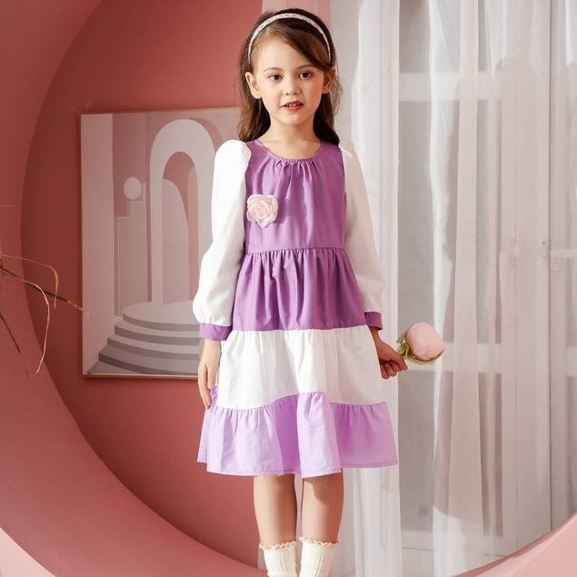 Váy xòe dài tay bé gái 137KIDS thiết kế cao cấp xếp tầng xinh xắn chất thô thấm hút mồ hôi