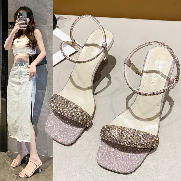 Giày cao gót 6 cm mũi hở gót hở nhọn bề mặt óng ánh đính đá phát sáng đế chống trơn trượt &9309