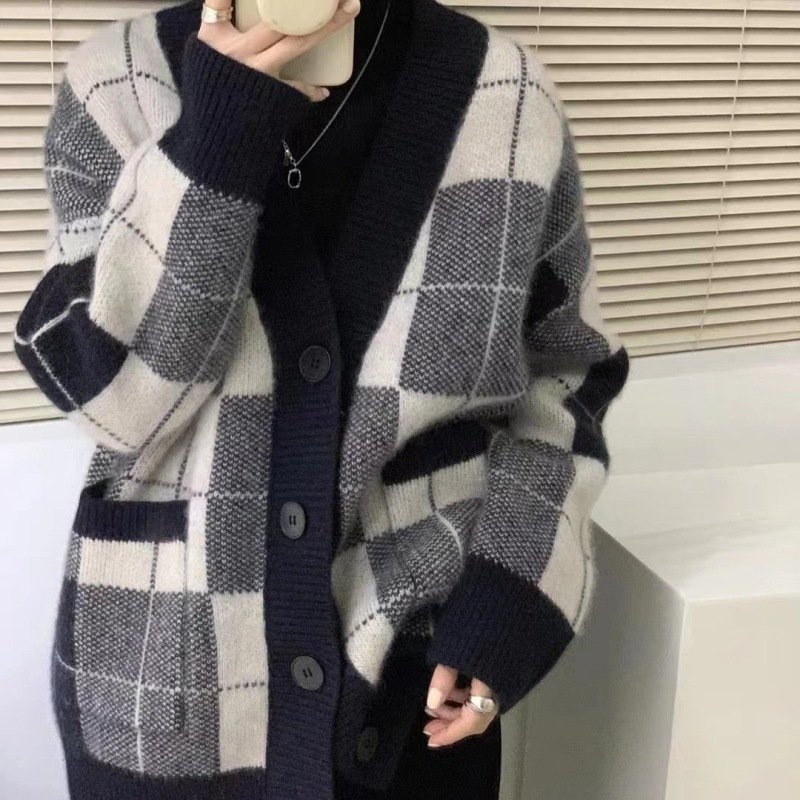 Áo len nữ cadigan kẻ caro dày dặn thời trang trẻ