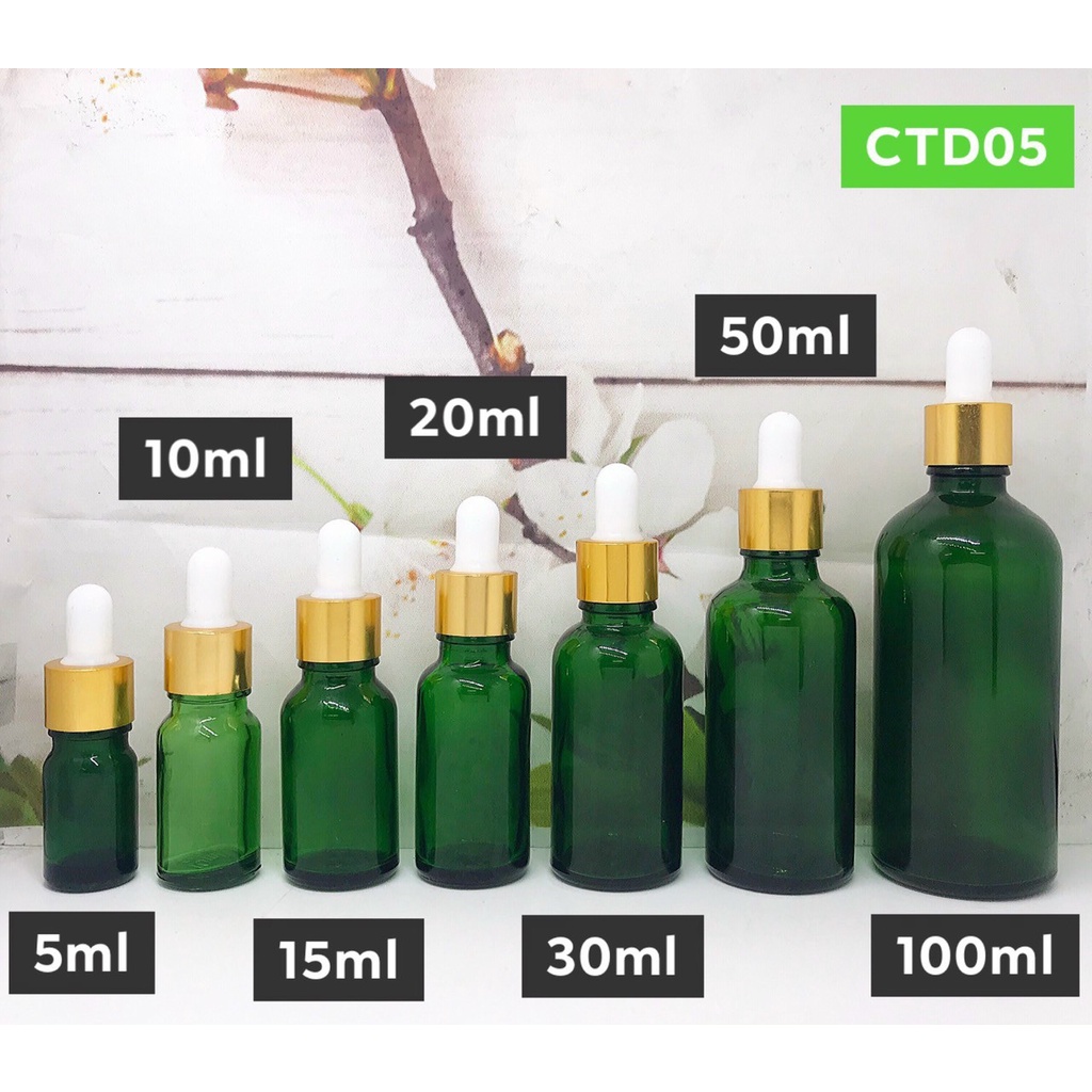 Combo 10 Chai thủy tinh Xanh, Nâu, đen, Trắng nắp bóp vàng không quai 5,10,30,50,100ml