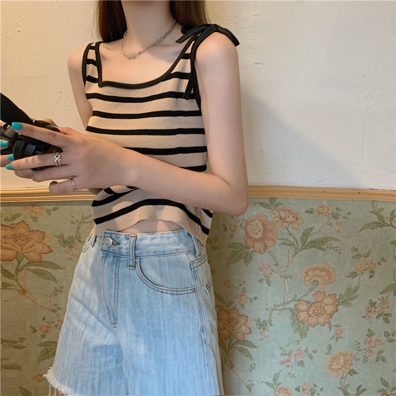 Áo hai dây dệt kim họa tiết kẻ sọc thiết kế mới thời trang mùa hè dành cho nữ