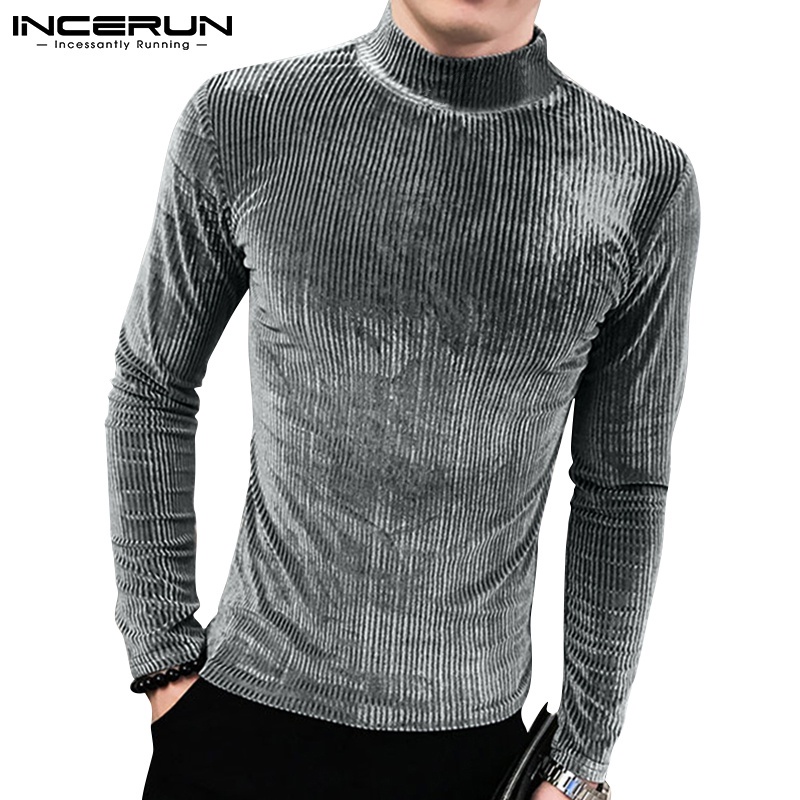 Áo nhung INCERUN tay dài cổ cao màu trơn kẻ sọc cho nam