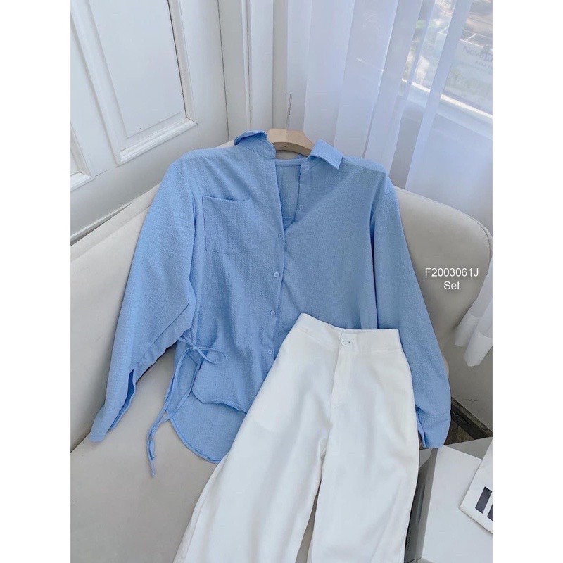 Set sơ mi nữ đồ nữ xanh dương gồm áo sơ mi và quần dài trắng Mophus MS007