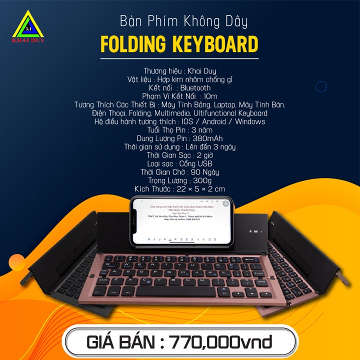 Bàn Phím Bluetooth Không Dây Folding Keyboard Dùng Cho Máy Tính Bảng Điện Thoại và Nhiều Thiết Bị-BH 12 Tháng