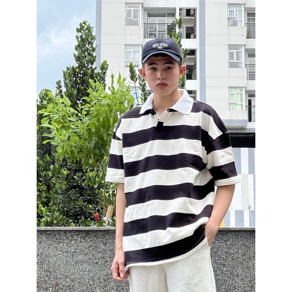 Áo POLO nam nữ tay lỡ sọc ngang bảng to, Áo thun polo unisex form rộng Zozo_unisex