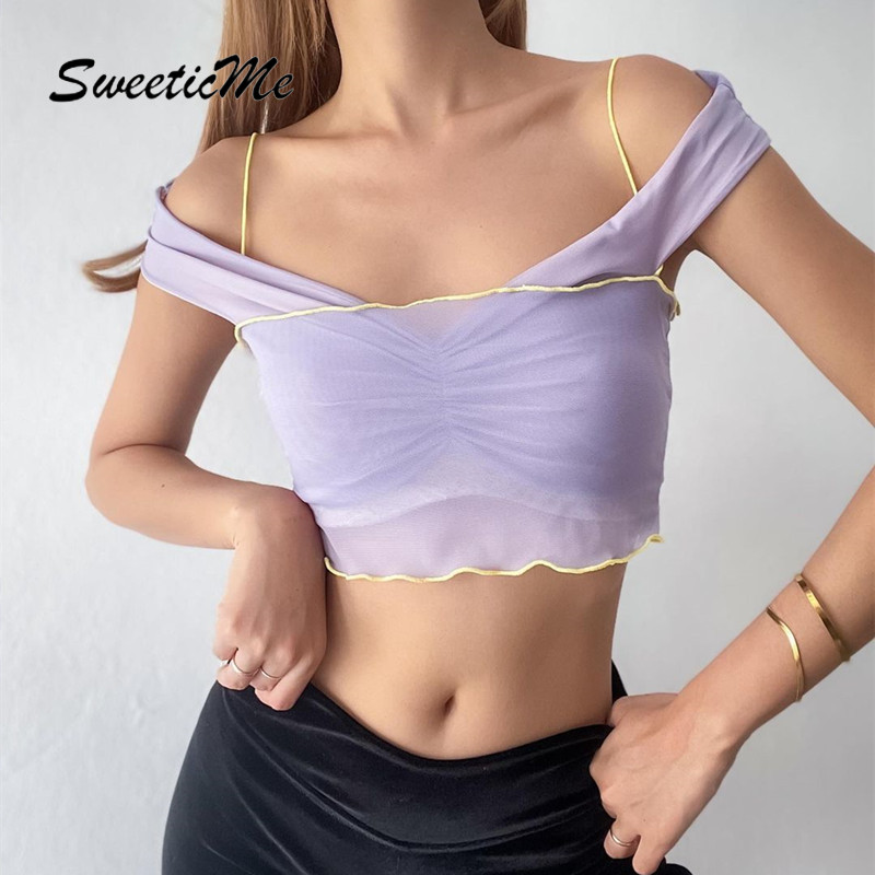 SweeticMe Women's 2021 New Sexy V-neck Wrap Chest Perspective Mesh Contrast Backless Halter Top | BigBuy360 - bigbuy360.vn