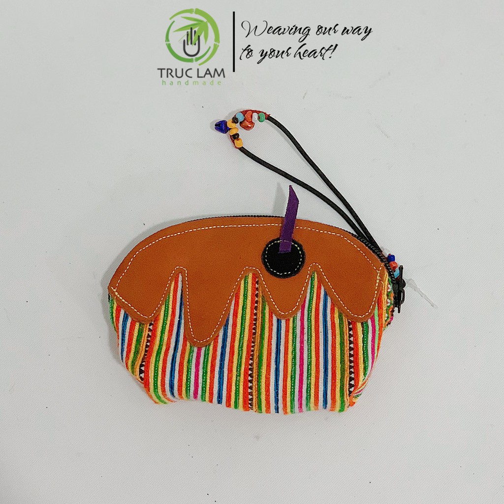Ví Cầm Tay Nữ VÍ Sò Cầm Tay Vải Thổ Cẩm Phối Vải Da Lộn Có Gắn Vòng Chuông (A) - Trúc Lâm Handmade