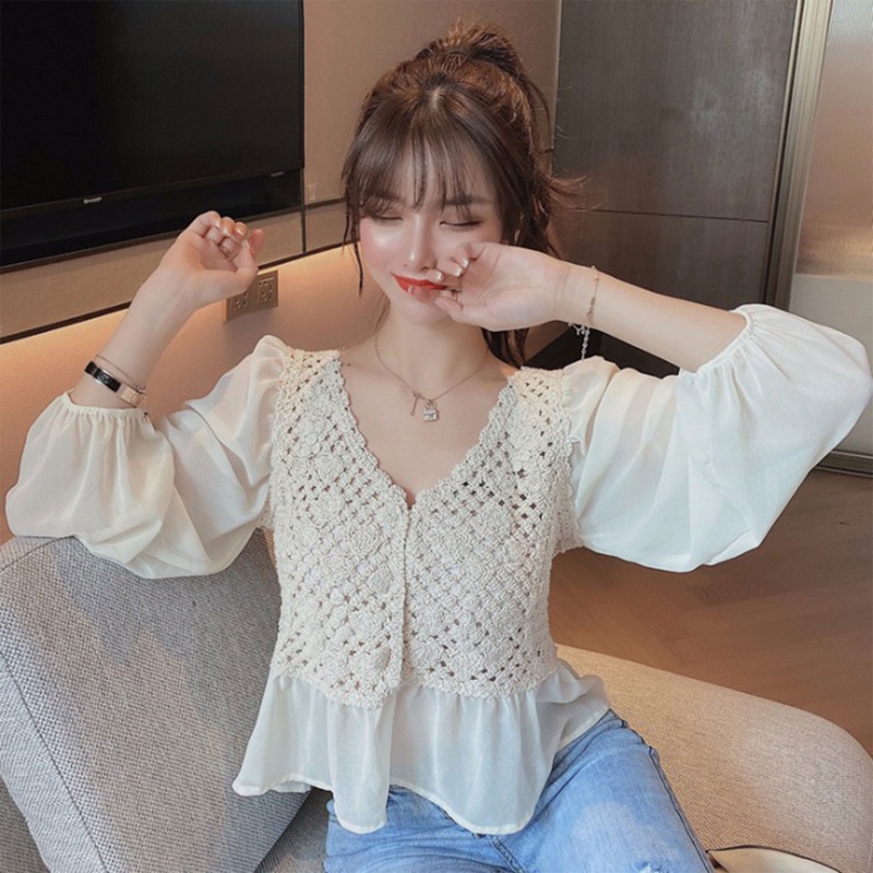 Áo Vest Đan Len Peplum Dệt Kim Tay Dài Phồng Cổ Chữ V Phối Bèo Thời Trang Cho Nữ