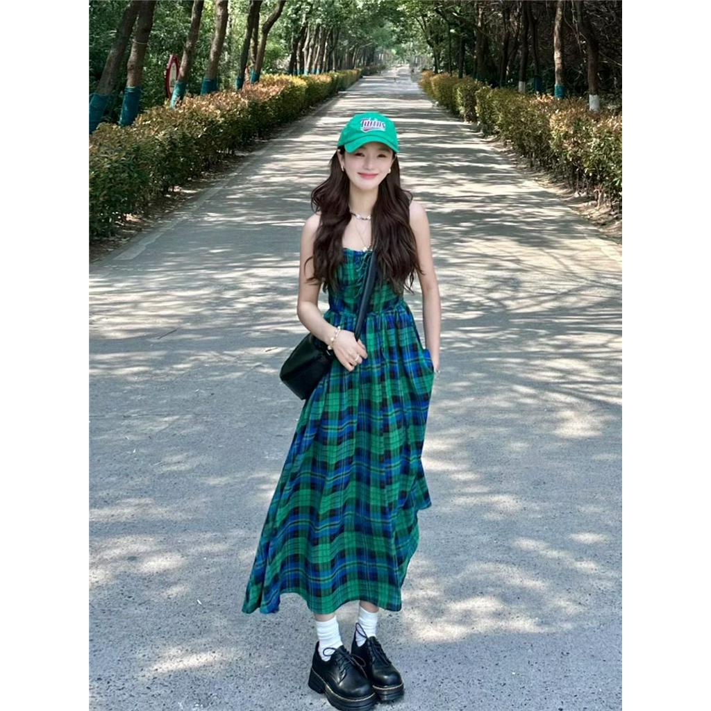 Đầm Hai Dây Dáng Dài Họa Tiết Sọc Caro Phong Cách Retro 62383