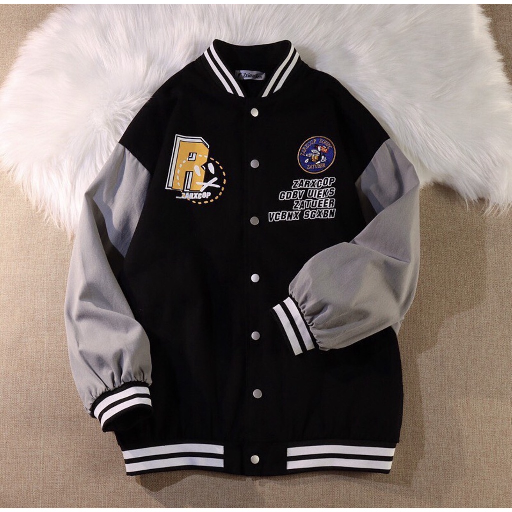 Áo khoác bomber bóng chày màu đen phối xám vải nỉ - form rộng unisex nam nữ - SHOP MAYLAN