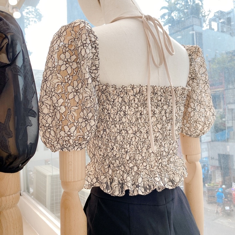 Áo croptop khoen cổ cột dây tay phồng - JJ02