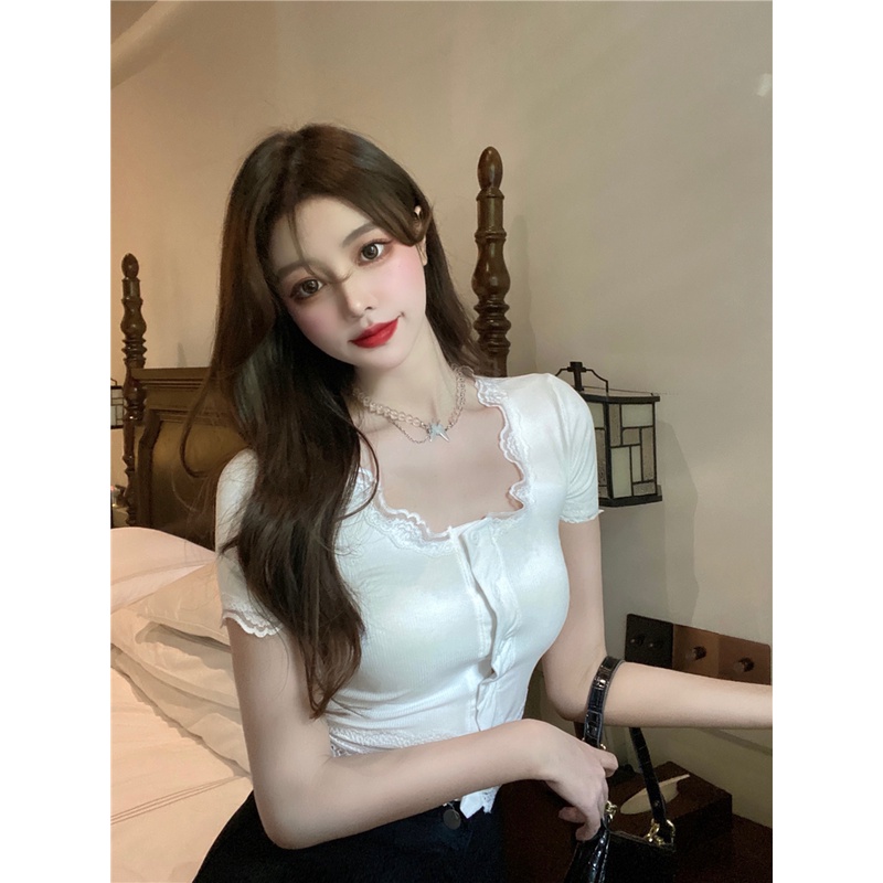Cocory vn Áo croptop tay ngắn dáng ôm phối ren hoa thời trang quyến rũ cho nữ