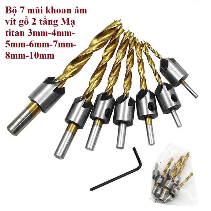 Bộ 7 mũi khoan vít gỗ 2 tầng phủ Titanium kích thước 3mm đến 10mm