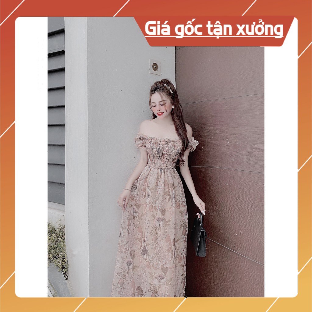 Đầm Maxi Tay Phồng Cổ Vuông Nhúng Ngực Eo Chun - Vải Voan - 3 Màu Xanh , Hồng , Nude - Dành Cho Nàng Đi Chơi