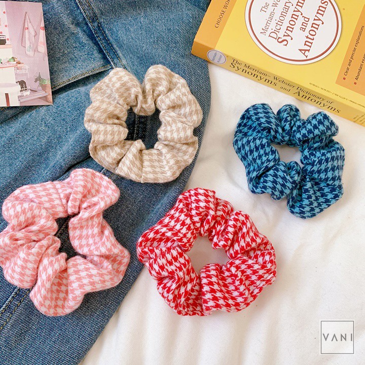 Dây Cột Tóc Scrunchies Len Nỉ Vintage Họa Tiết Houndstooth Cổ Điển - PKT88