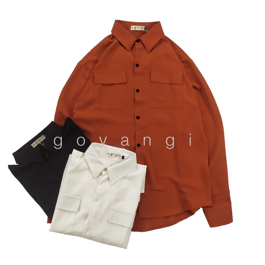 Áo sơ mi nam vải đũi 2 pocket dáng rộng phong cách Hàn Quốc