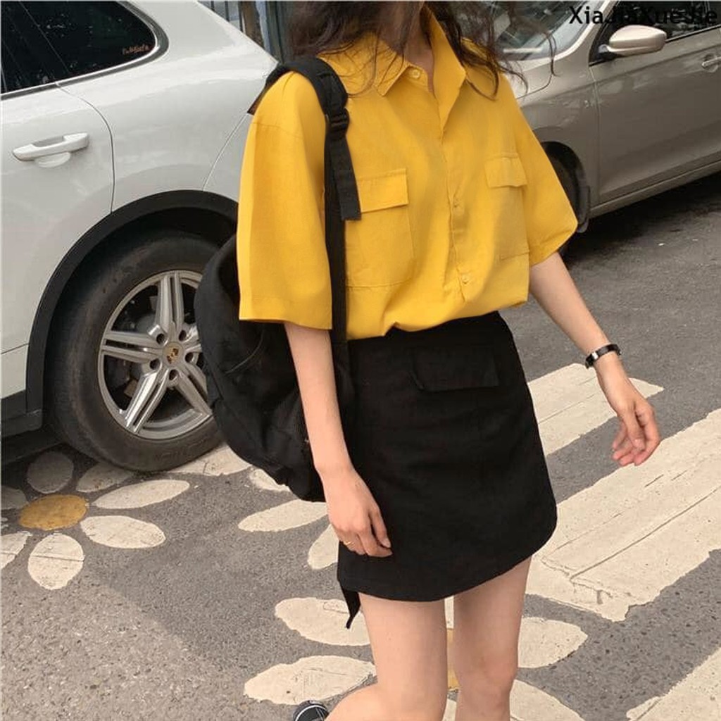 Áo sơ mi nữ SAM CLO cổ bẻ tay ngắn - lỡ ulzzang form freesize dáng rộng unisex mặc cặp, nhóm, couple TRƠN HAI TÚI