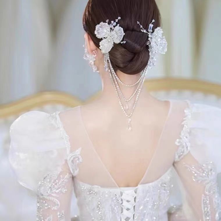 Phụ Kiện Cài Tóc Cô Dâu Đính Hạt Pha Lê Tua Rua Màu Trắng Kiểu Hàn Quốc