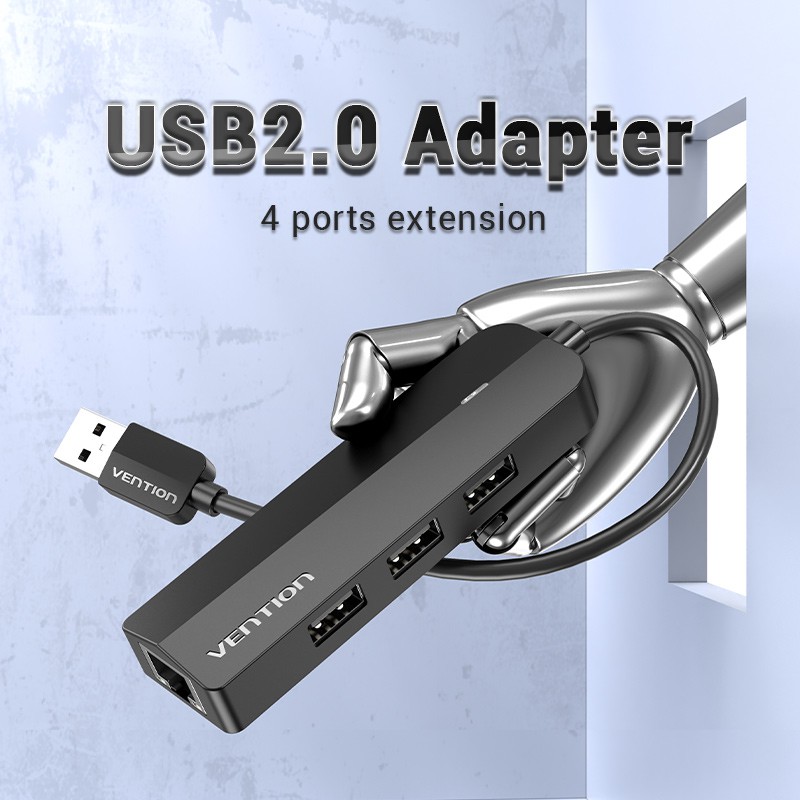 Bộ chia 4 cổng USB 2.0 + Lan Rj45, có nguồn Micro hỗ trợ Vention dài 50cm
