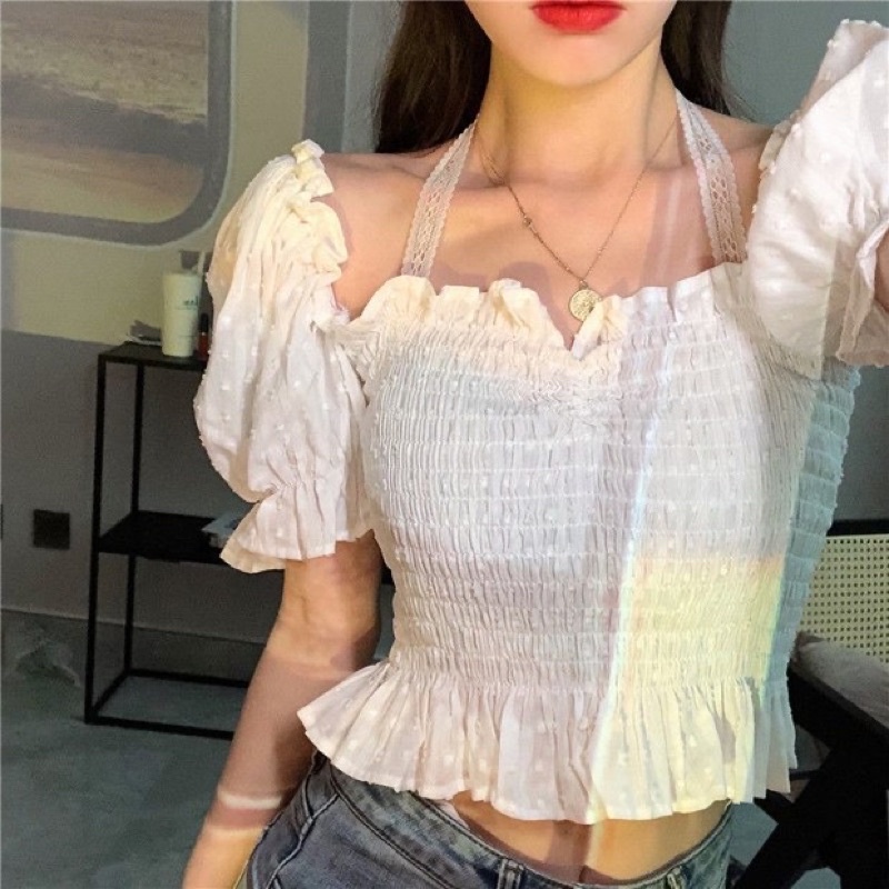 Áo phồng tay ren trắng kiểu pháp