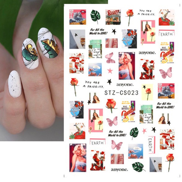 [COD&Ready stock]Nail sticker Klein Blue nail makeup smiling face English fruit graffiti flame 3D back glue simulation paste