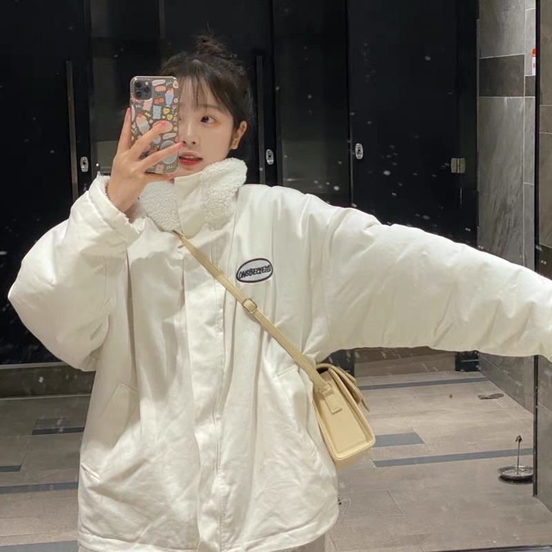 Áo Khoác Kaki Bông Hai Mặt Màu Trắng Kem Form Rộng Ulzzang Siêu Dày DẴN