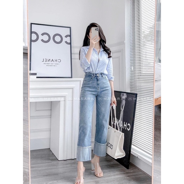 Quần bò xuông gập gấu chất dày