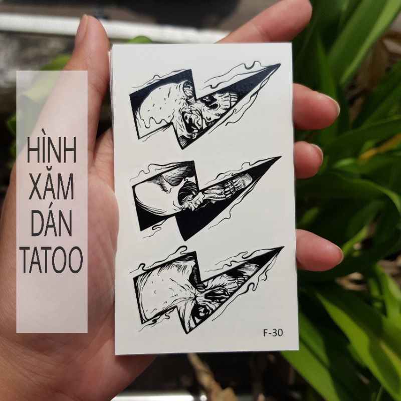 Hình xăm sét + đầu lâu, style rùng rợn f30. Xăm dán tatoo mini tạm thời, size &lt;10x6cm