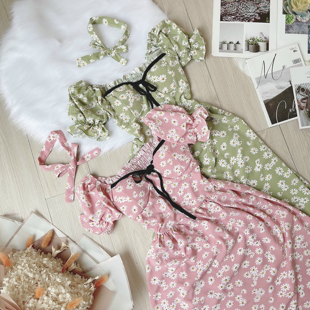 đầm hoa cúc xinh kèm nơ đeo cổ xinh xinh