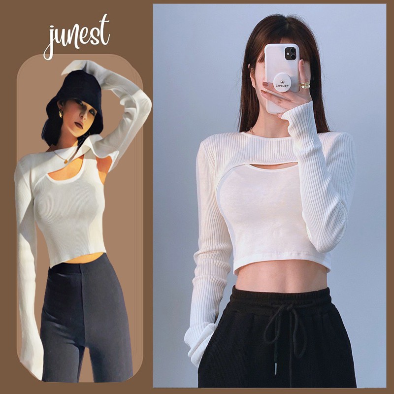 Set áo croptop khoét ngực tay dài kèm áo hai dây, chất siêu đẹp dáng siêu xinh [ Hàng Thiết Kế ]