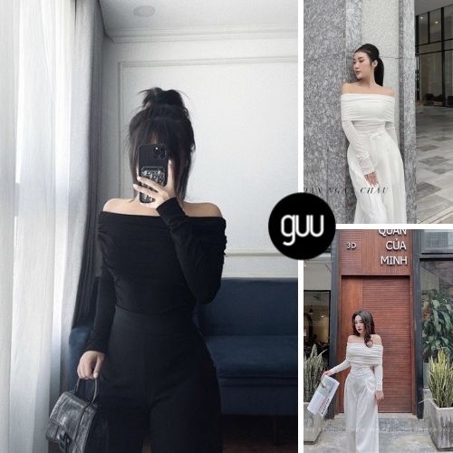 Áo kiểu trễ vai GUU tay dài nhún dáng ôm body chất bozip co dãn thời trang thu đông sang chảnh