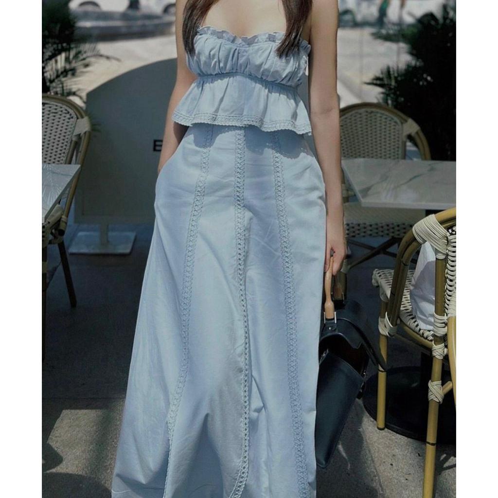 SET ÁO PEPLUM XANH BÈO 2 DÂY + CHÂN VÁY MIDI XÒE