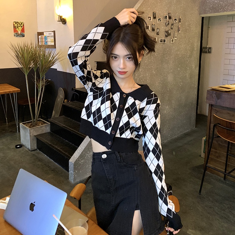 Porozi Áo cardigan dệt kim  tay dài cổ polo họa tiết sọc caro phong cách thời trang Hàn Quốc