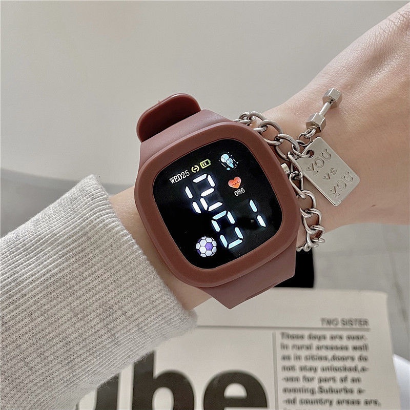 Đồng Hồ Điện Tử Mặt Vuông Có Đèn LED Với Dây Đeo Silicone Cho Nam Nữ