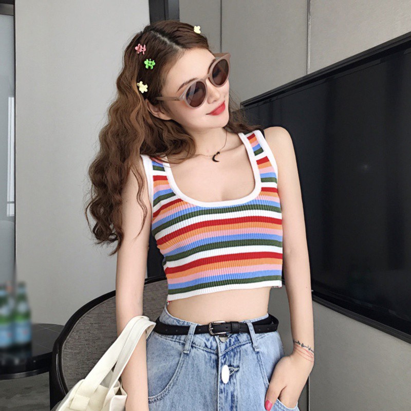 Áo Hai Dây Cotton Kẻ Sọc Cầu Vồng Xinh Xắn Cho Nữ