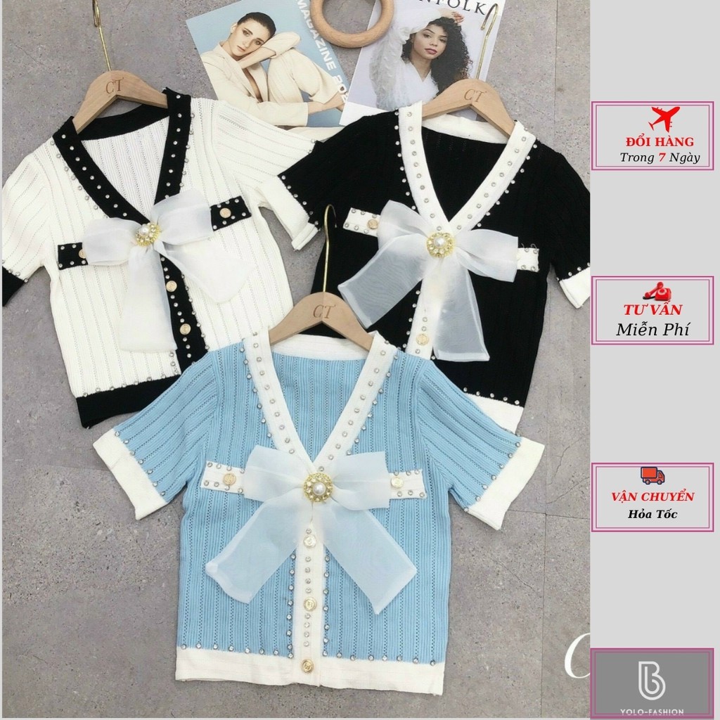 Áo cardigan len tay ngắn cổ nơ đính hạt cao cấp kiểu dáng ulzzang Hàn Quốc thời trang nữ yolo fashion