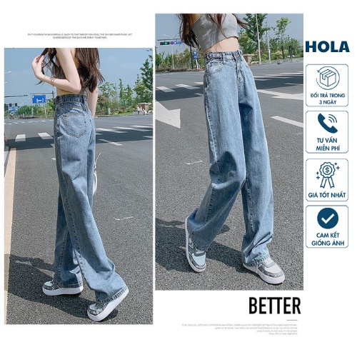 Quần jean  quần bò nữ ống rộng cạp cúc tròn lỗ cá tính ulzzang siêu xinh HOLA B6