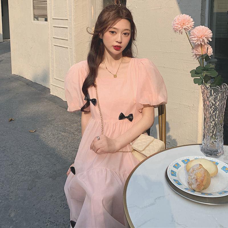 Đầm bầu ngắn tay cổ vuông gắn nơ M448 vải lụa tơ hai lớp freesize Mom and Baby