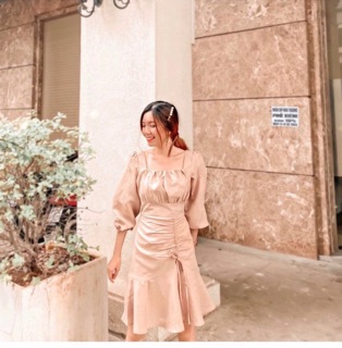 Đầm suông rút eo tay phồng