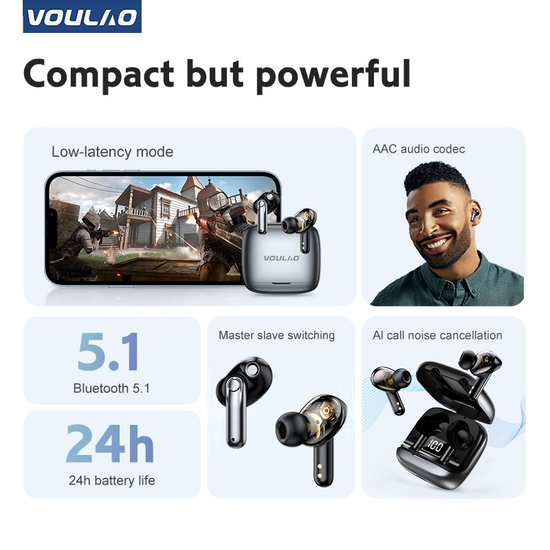 VOULAO-vl5 Tai nghe chống ồn Bluetooth 5.0 Tai nghe trò chơi âm thanh nổi HiFi với Mic