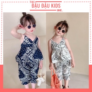 Set áo hai dây bánh bèo và quần bo ống mềm mát thời trang dành cho bé gái từ 10kg đến 20kg