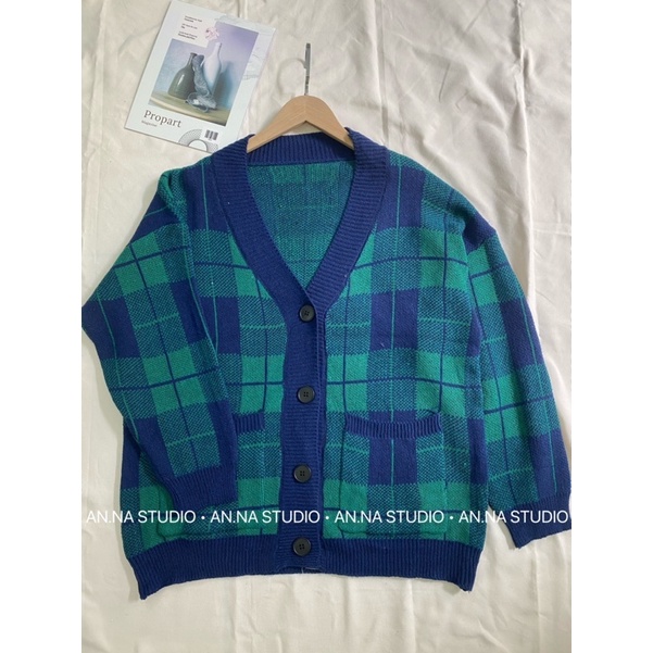 Áo khoác len Cardigan hoạ tiết kẻ ô form rộng dáng xuông