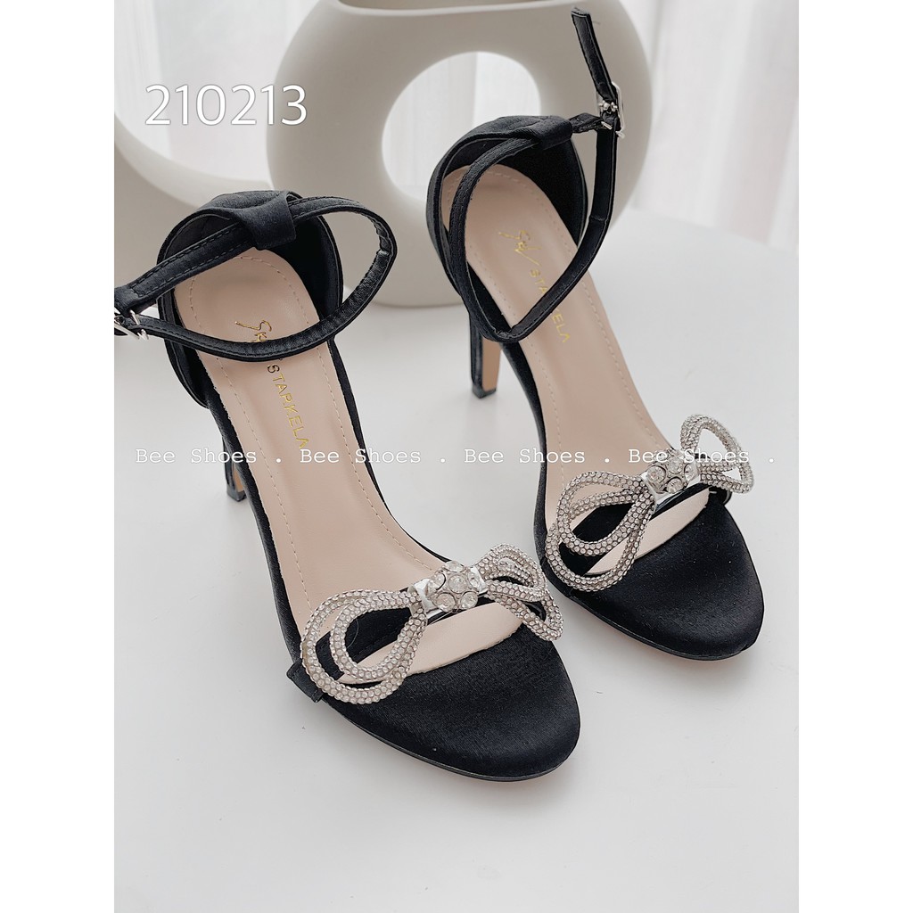 BEESHOES - SANDAL NỮ MŨI VUÔNG GÓT VUÔNG CAO 9PHÂN - SANDAL QUAI NƠ   ĐÁ CHẤT DA BÓNG SẪN MÀU ĐEN-BẠC-KEM-ĐEN LỤA 210213