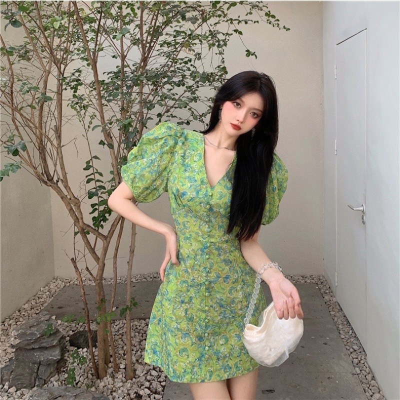 Đầm Chữ A Tay Ngắn Phồng Cổ Chữ V In Họa Tiết Hoa Phong Cách Pháp Cổ Điển Thời Trang Mùa Hè Cho Nữ