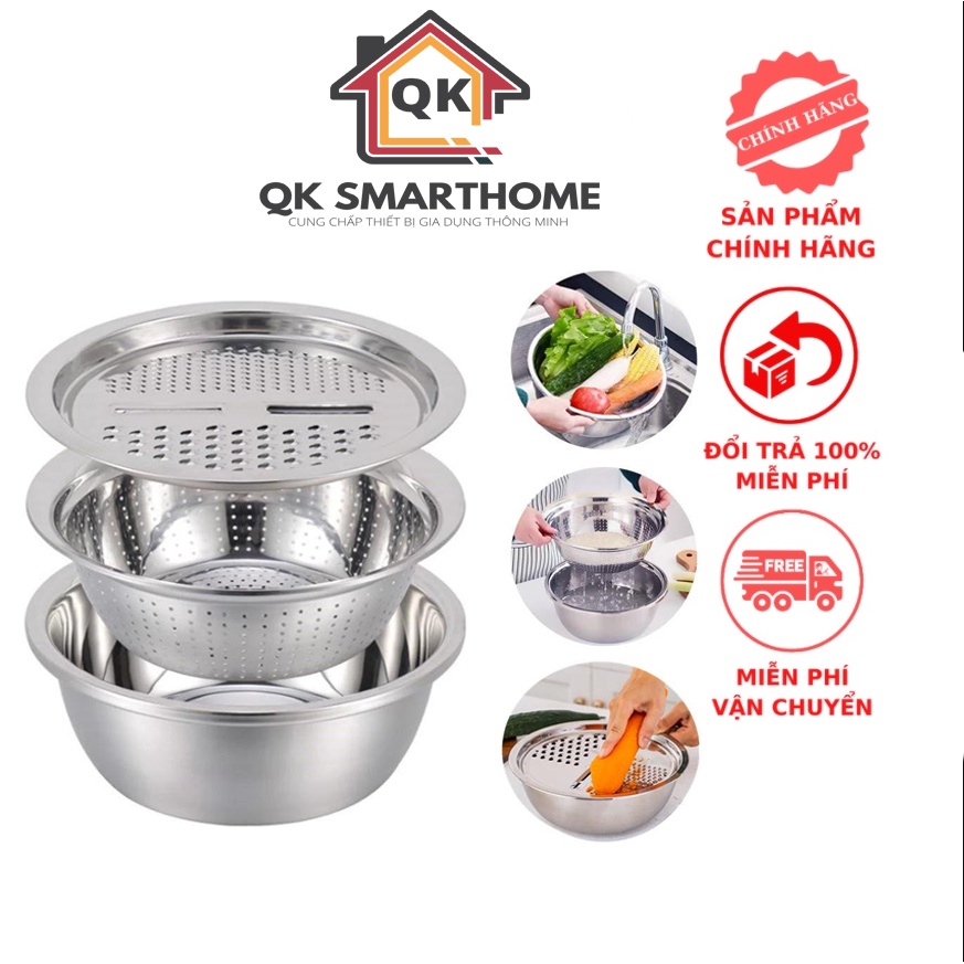 Bộ nạo rau củ 3 món bào Nhật Bản - Rổ nạo rau củ kiêm rổ và chậu inox cao cấp đa năng,tiện lợi dùng nhà bếp