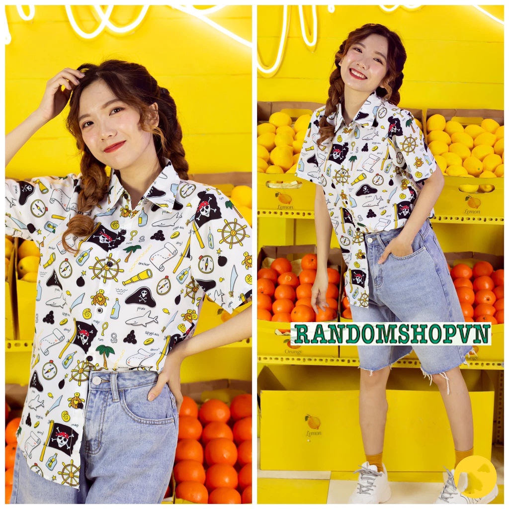 Áo sơ mi hoạt hình đi biển họa tiết hải tặc m chất kiệu kate lụa vải mềm mịn mát thích hợp làm áo nhóm, áo lớp sơ mi