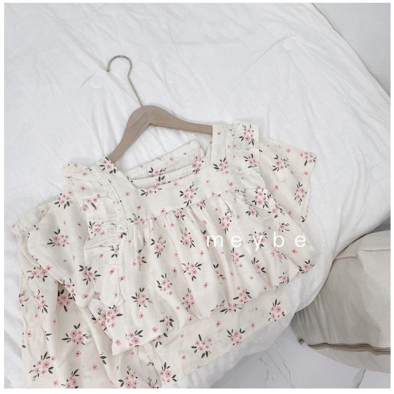 Bộ bầu sau sinh hoa nhí _Bộ Đũi Lanh cộc tay mùa hè có chun chỉnh tiện lợi có khóa mở ngực cho bé ti .