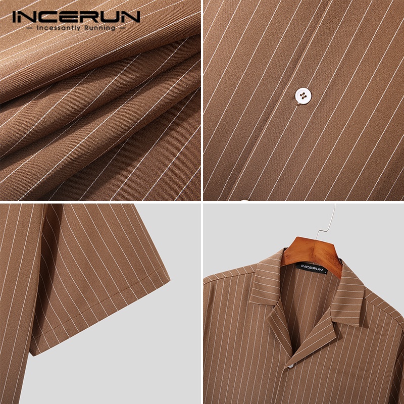 Áo sơ mi INCERUN ngắn tay họa tiết kẻ sọc thời trang mùa hè cho nam